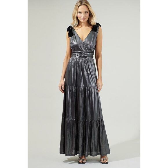 Sugar Lip Womens Maxi Dress Large Gunmetal Liquid Satin Tiered Whimsygoth Grunge - Picture 2 of 15